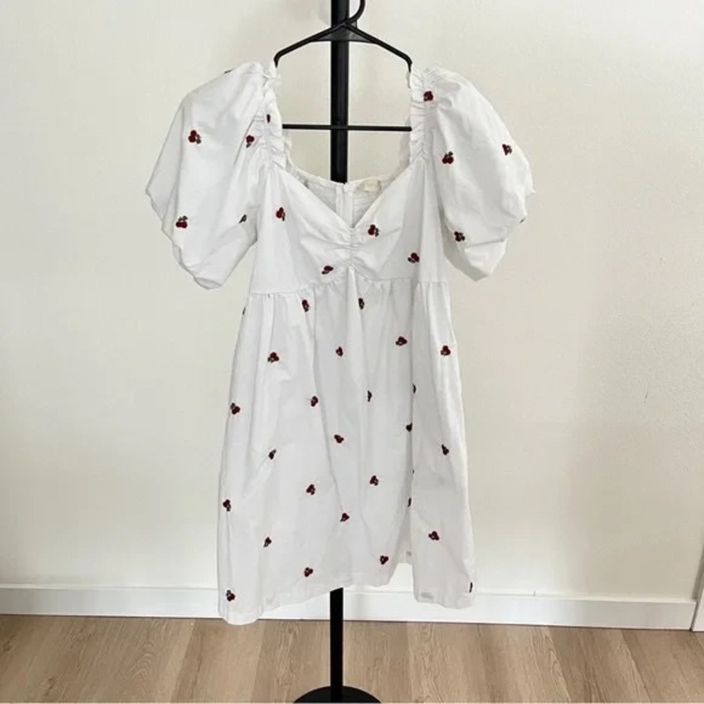 White Puff Sleeve Dress with Red Floral Accents